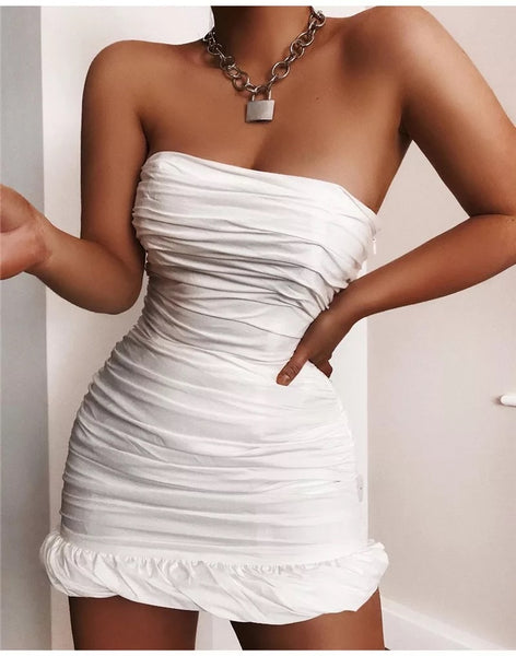 Lorelei Ruched Frill Dress - Ivory