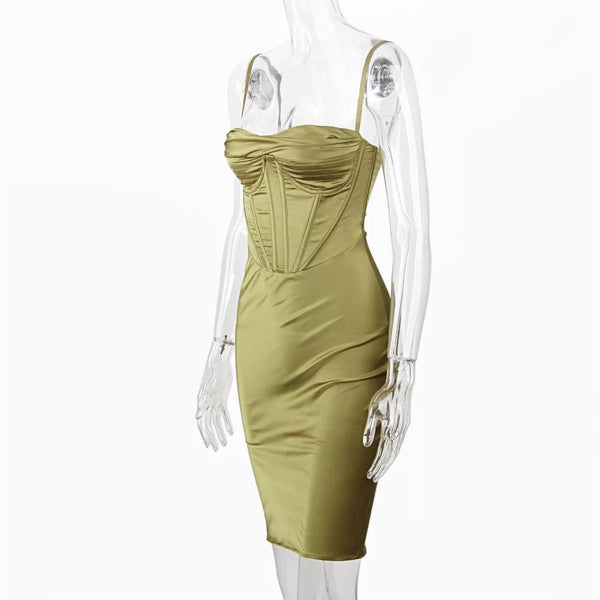 Melrose Satin Dress - Moss Green